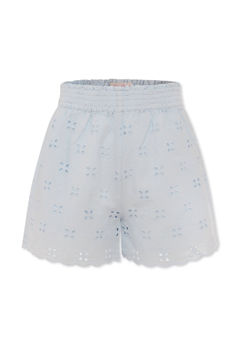 Pantaloni corti di cotone azzurri con vita elasticizzata, caratterizzati da orli a giorno e motivi floreali in pizzo su tutto il tessuto.