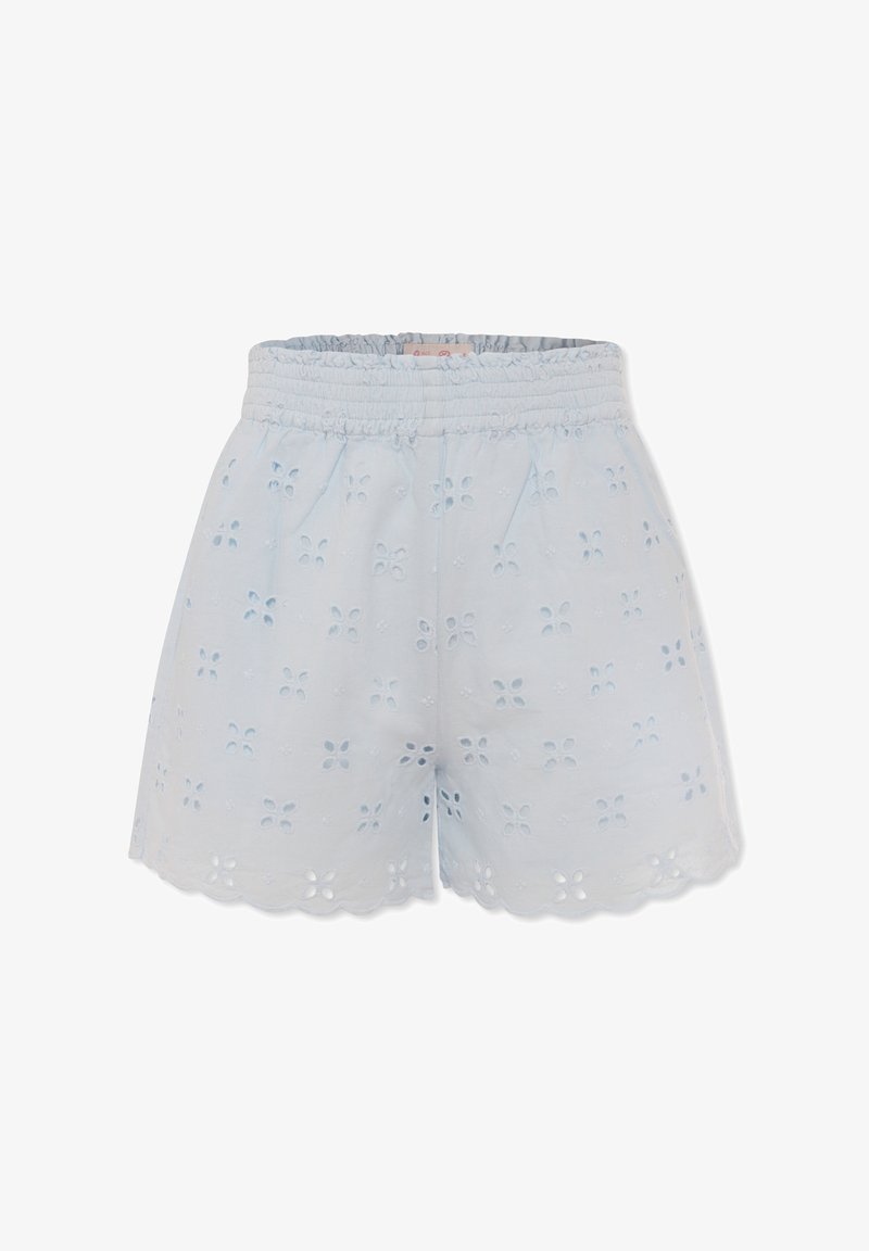 Shorts en coton bleu clair avec une taille élastique, dotés d'arêtes festonnées et de motifs à œillets floraux sur l'ensemble du tissu.
