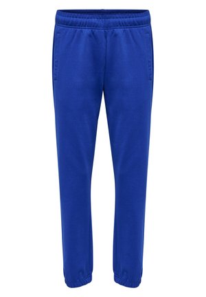 Blå sweatpants med elastisk talje, to sidelommer og elastiske manchetter ved anklerne. Glat stofstruktur. Afslappet pasform.