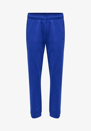 Blaue Jogginghose mit elastischem Bund, zwei Seitentaschen und elastischen Bündchen an den Knöcheln. Weicher Stoff. Entspannter Schnitt.