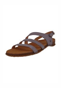 Gray leather sandal with cross straps, open toe design, and adjustable ankle buckle. Features a brown textured sole for grip.