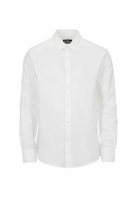 Biała, długosleeveowa koszula z kołnierzykiem, zapinana na guziki, wykonana z gładkiego materiału, z przodem z guzikami i zaokrąglonym dołem. Subtelny detal w postaci haftu.