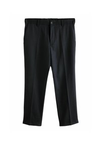 Pantalon noir à coupe droite, avec une fermeture à bouton et des passants de ceinture. Fabriqué dans un tissu lisse avec une texture subtile.