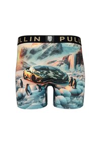 Boxer pour hommes arborant un imprimé graphique coloré d'une voiture camouflée et de manchots sur un paysage glacé. Ceinture noire avec logo.