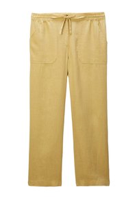 Pantalons en lin jaune clair avec une taille élastique, fermeture à cordon de serrage et deux poches plaquées à l'avant. Design à jambe droite et texture douce.