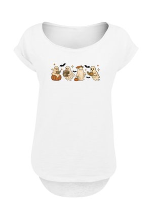 Four cartoon ghosts reading books, with pumpkins, bats, and sparkles on a white women's scoop neck t-shirt.