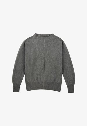 Maglione grigio lavorato a maglia con scollo rotondo, maniche lunghe e orlo a costine. Presenta una cucitura centrale sulla parte posteriore per un tocco di dettaglio in più.
