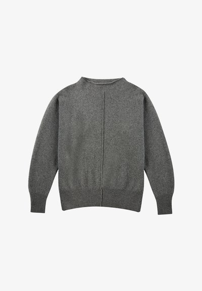 Grauer Strickpullover mit rundem Halsausschnitt, langen Ärmeln und geripptem Saum. Verfügt über eine zentrale Naht auf der Rückseite für zusätzlichen Detailreichtum.