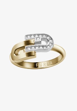 Złoty pierścionek z srebrnym akcentem w formie pętli, ozdobiony przezroczystymi kryształkami. Grawerowany z nazwą marki "Furla."