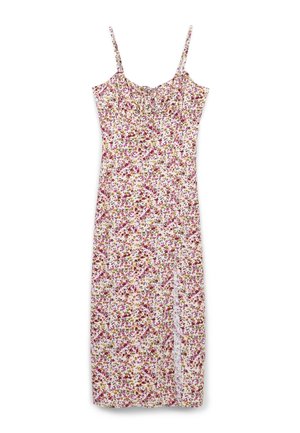Ærmeløs midi-kjole med tynde stropper, med et blomsterprint i pink, lilla og brunt og en sidespaltning på hvid baggrund.