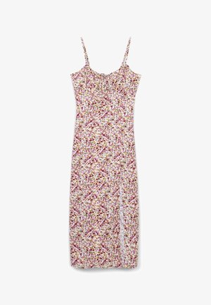 Ærmeløs midi-kjole med tynde stropper, med et blomsterprint i pink, lilla og brunt og en sidespaltning på hvid baggrund.