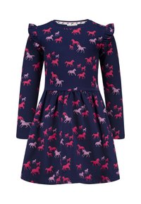 Marineblaues Kleid mit langen Ärmeln und gerüschten Schultern, bedeckt mit rosa und hellrosa Pferdesilhouetten in verschiedenen Posen.