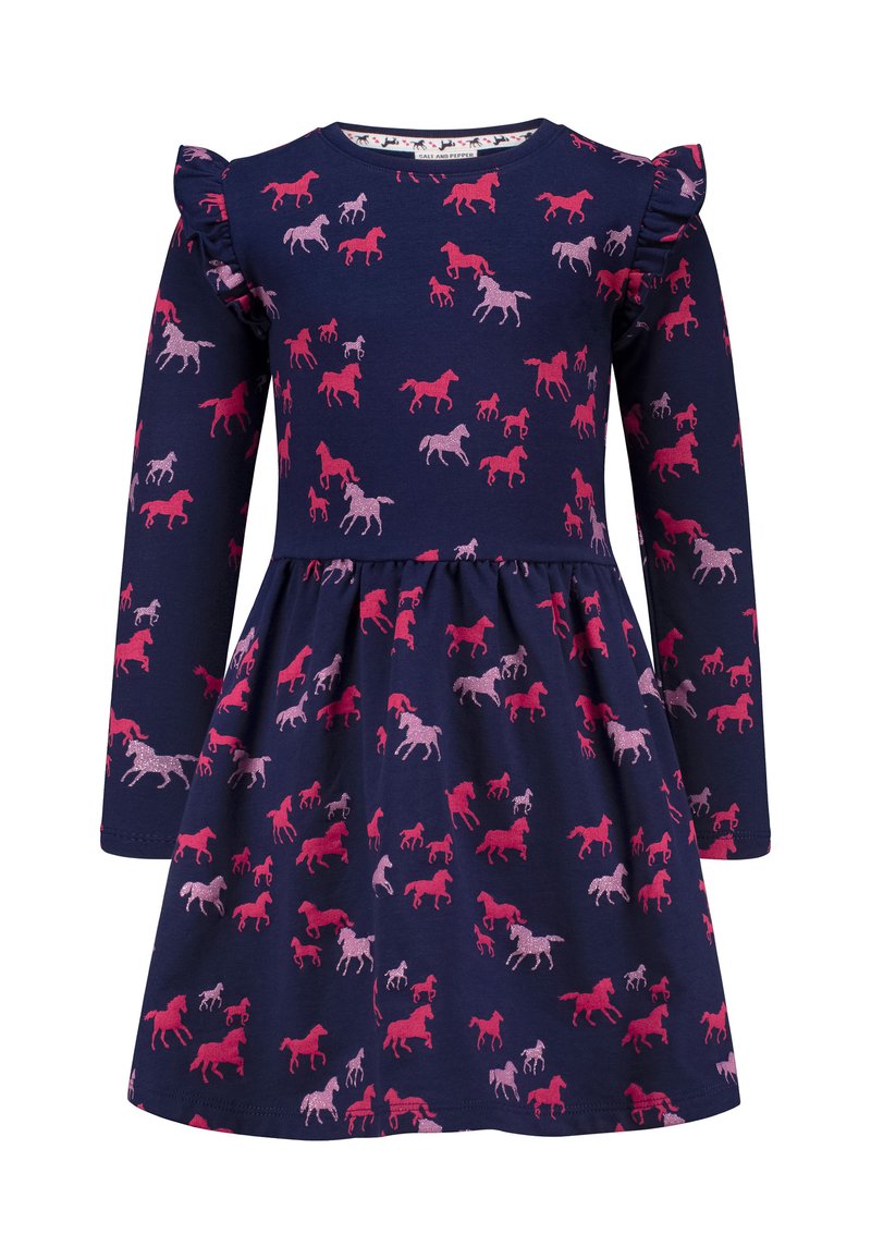 Marineblaues Kleid mit langen Ärmeln und gerüschten Schultern, bedeckt mit rosa und hellrosa Pferdesilhouetten in verschiedenen Posen.