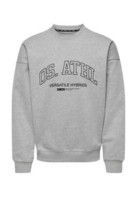 Gray sweatshirt made of soft fabric, featuring a round neck, long sleeves, and a black print reading "OS. ATHL VERSATILE HYBRIDS."