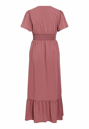 Robe midi rose poussière avec manches courtes bouffantes, taille froncée élastique et ourlet à volants, vue de dos sur fond blanc.