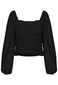 Haut court noir avec encolure carrée, manches bouffantes élastiquées et texture plissée sur toute la surface. Tissu lisse avec léger brillant.