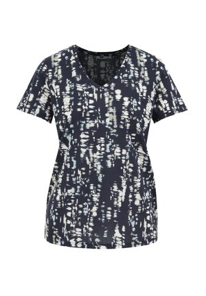 T-shirt à col en V et manches courtes, fabriqué en tissu doux et respirant, présentant une base marine avec un motif abstrait blanc et bleu clair.