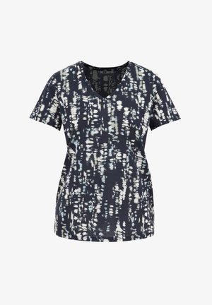 V-neck, short-sleeve T-shirt made of soft, breathable fabric, featuring a navy base with a white and light blue abstract pattern.