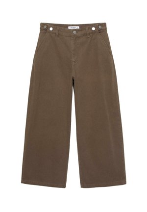 Brown wide-leg trousers made of durable fabric. Features two front pockets, button-fly closure, and a relaxed fit with a smooth texture.