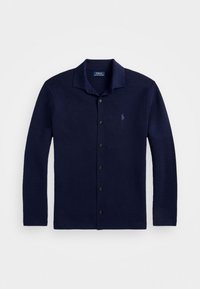 Marinfärgad cardigan i mjukt material, med krage, långa ärmar och sex knapplåsningar, samt en liten logotyp på bröstet.