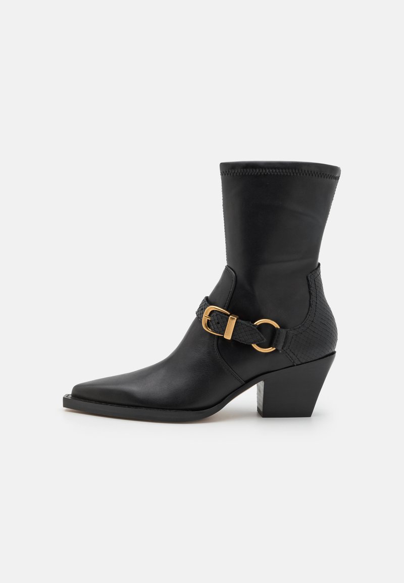 Bota de cuero negro hasta el tobillo con punta afilada y una correa texturizada con un hebilla dorada. El tacón es de forma cuadrada y de altura media.