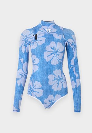 Combinaison de surf bleu à manches longues avec motif floral hibiscus bleu clair, col montant, fermeture éclair poitrine et logo Roxy à l'avant.