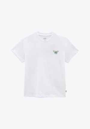 Hvid kortærmet Vans t-shirt med en lille flerfarvet sommerfuglegrafik på venstre bryst samt et Vans-mærke på venstre sidesøm.