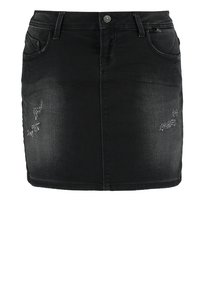 Mini-jupe en denim noir avec fermeture boutonnée et zip à l'avant, style cinq poches avec détails subtilement usés.