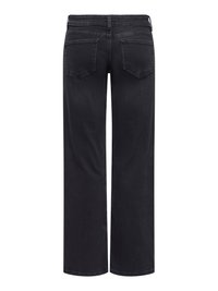 Jean noir à jambes larges vu de dos avec deux poches arrière et des passants de ceinture à la taille.