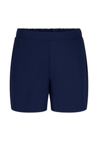 Pantalones cortos de color azul marino con una tela suave y elástica, que cuentan con una cinturilla elástica y un corte recto por encima de la rodilla, sin bolsillos.