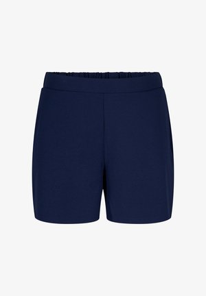 Pantaloni corti blu navy realizzati in un tessuto morbido e elasticizzato, dotati di un elastico in vita e di un taglio dritto sopra il ginocchio, privi di tasche.