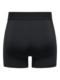 Pantaloni scurți sport negri, mulați, cu talie înaltă elastică și cusătură centrală vizibilă pe partea din spate, văzuți din spate.