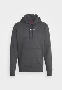 Felpa con cappuccio grigio antracite, dotata di tasca frontale, cappuccio con cordino e piccolo logo bianco sul petto. Tessuto morbido e polsini a costine.