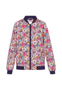Bloemige bomberjack met een levendig patroon van roze, blauwe en gele bloemen op een witte achtergrond, met een marineblauwe geribbelde kraag en manchetten.