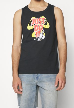 Black cotton tank top featuring a multicolored "Just Do It" graphic. The design includes yellow accents and an illustration of a character.