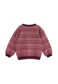 Strickpullover mit Rundhalsausschnitt und langen Ärmeln. Mit horizontalen Streifen in Burgunderrot, Pink und Creme. Strukturierter Stoff mit gerippten Bündchen.