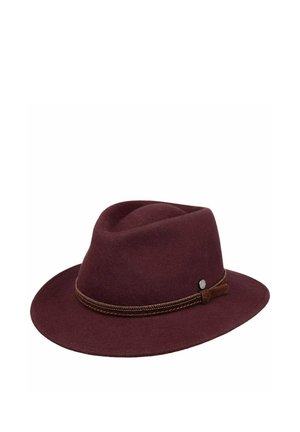 Dark burgundy felt fedora hat with a stitched brown band and small round metal emblem on the side against a white background.