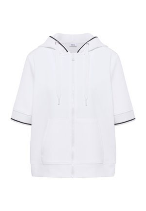 Biała krótka bluza z kapturem na zamek z krótkimi rękawami, z przednimi kieszeniami i czarnym obszyciem na wnętrzu kaptura oraz na krawędziach rękawów.