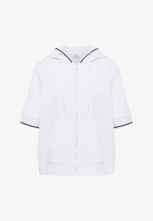 Sweat à capuche blanc à manches courtes avec fermeture éclair, poches avant et bordures noires sur la doublure de la capuche et les bords des manches.