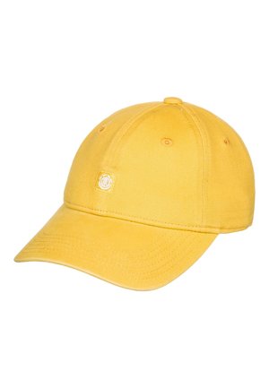 Cappellino da baseball in cotone giallo con piccolo logo ricamato sul davanti e visiera curva, mostrato su sfondo bianco.