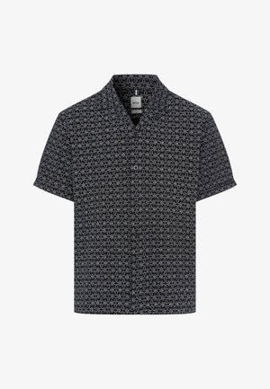 Zwart overhemdd met korte mouwen, witte geometrische bloemenpatroon en een kleine kraag.