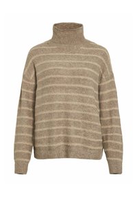 Bež majica s okruglim izrezom s horizontalnimi črtami v svetlejši bež barvi. Mehka tekstura, ohlapen kroj in rebrasti detajli na ovratniku in manšetah.