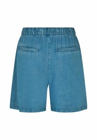 Jeans kratke hlače svetlo modre barve, z elastičnim pasom, dvema zadnjima žepoma brez poklopcev in ravno obliko nogav.