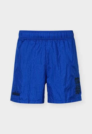 Shorts de sport bleus avec taille élastique, logo Adidas sur la jambe gauche, et texte noir avec graphique sur la jambe droite.