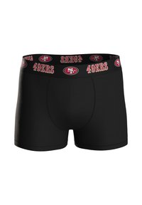 Musta, vartalonmyötäinen bokserishortsit, joissa koristeellinen vyötärönauha, jossa lukee "49ERS" punaisilla ja valkoisilla kirjaimilla sekä logo.