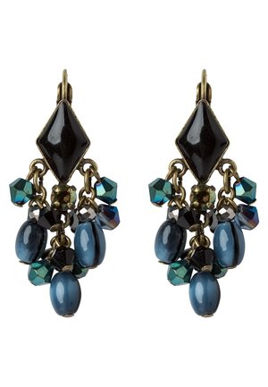 Paire de boucles d'oreilles vintage avec des bases noires en forme de losange, décorées de perles ovales bleues pendantes et de petites perles facettées irisées.