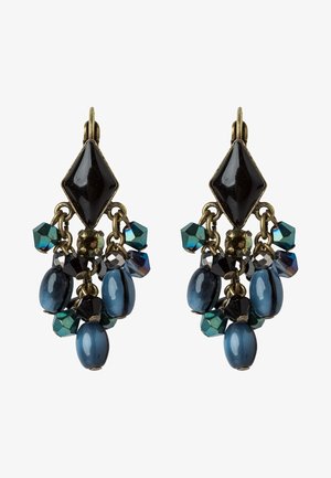 Paire de boucles d'oreilles vintage avec des bases noires en forme de losange, décorées de perles ovales bleues pendantes et de petites perles facettées irisées.