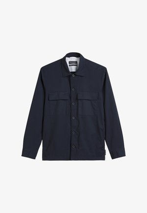Marineblauwe knoopshirts met twee borstzakken, lange mouwen, een spread collar en een gladde, lichte stofstructuur.