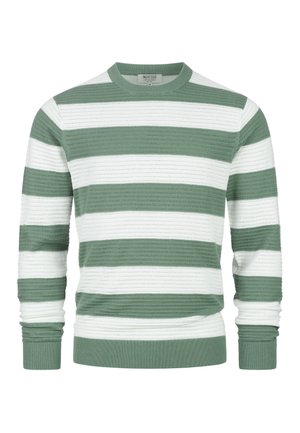 Suéter de punto con rayas horizontales verdes y blancas, mangas largas y puños, cuello y dobladillo acanalados.