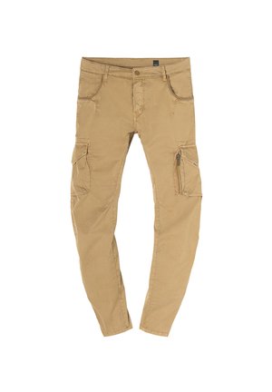 Heren khaki cargobroek met ritssluitingen aan de voorkant en zijkanten, riemlussen en knoopsluiting, plat uitgespreid op een witte achtergrond.